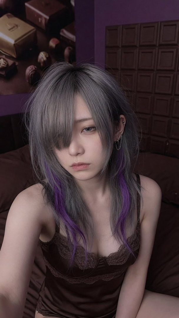 A woman with silver and purple hair and bangs wears a brown camisole in an indoor setting.