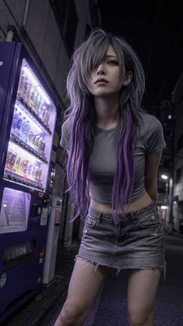 A woman with long silver and purple hair stands on a street at night next to a vending machine.