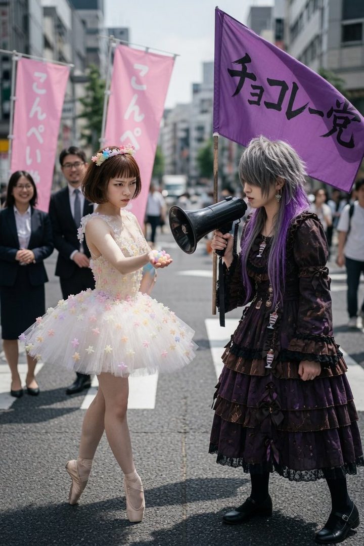Two young women in contrasting outfits, one in a ballet dress and the other in a gothic dress with a megaphone, stand on a city street with banners in the background.