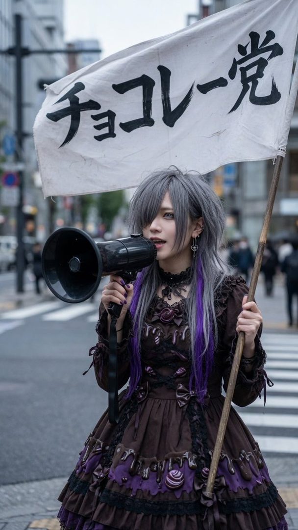 A person with silver and purple hair, dressed in a brown and purple lolita-style dress, holds a megaphone and a flag with Japanese text on a city street.