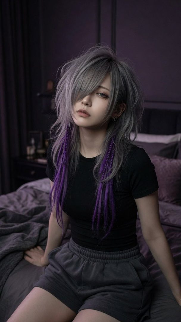 A woman with long silver and purple hair sits on a bed in a dark room, wearing a black t-shirt and grey shorts.