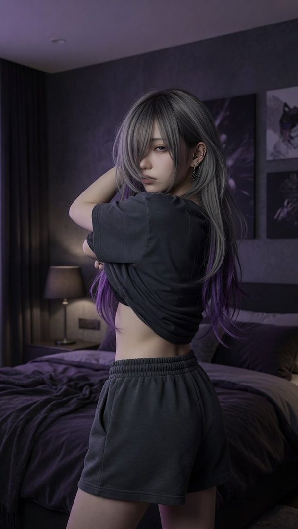 A woman with long silver and purple hair in a dark bedroom, wearing a black t-shirt and shorts, looking over her shoulder.