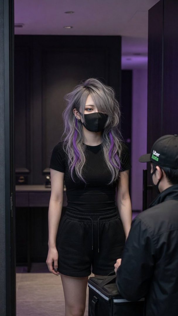 A woman with silver and purple hair and a black face mask receives a delivery from an Uber Eats driver indoors.