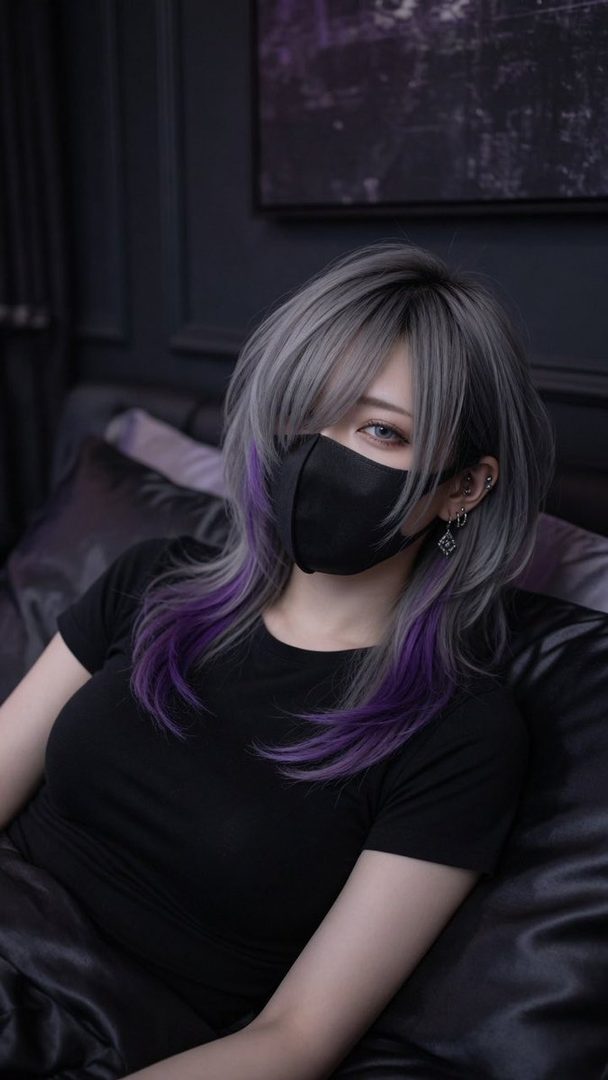 A person with silver and purple hair, wearing a black mask and a black t-shirt, is sitting indoors.