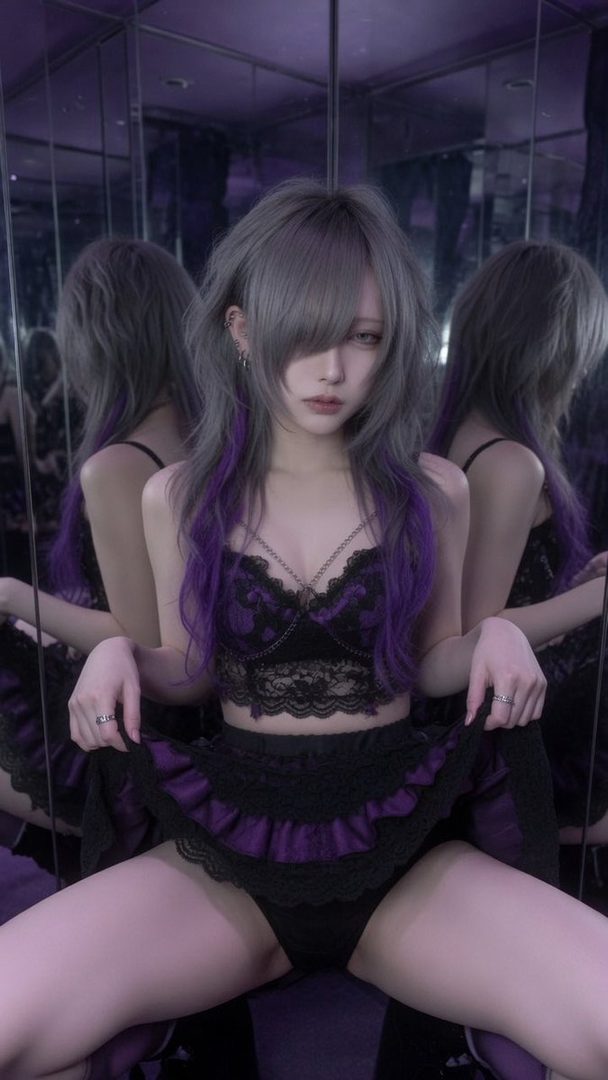 A woman with long silver and purple hair sits in a mirrored room, wearing a black and purple lace top and skirt.