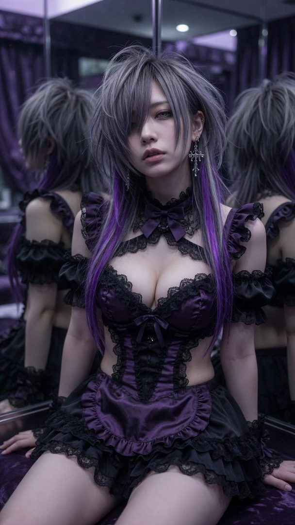 A woman with silver and purple hair wears a revealing purple and black lace outfit, sitting in an indoor setting with mirrors.