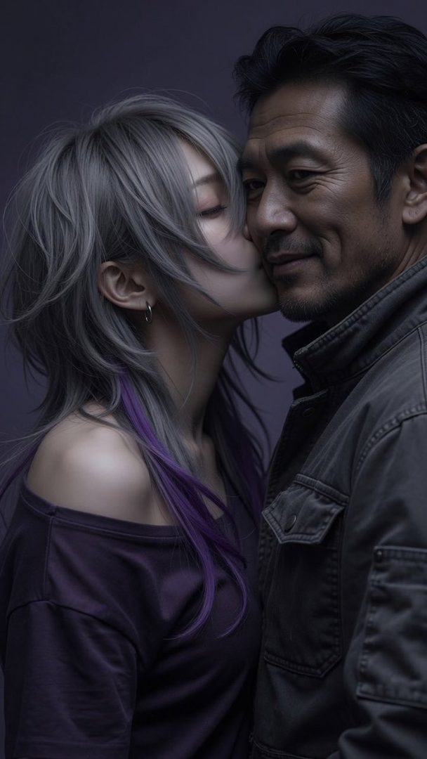 A photorealistic portrait of a woman with silver and purple hair kissing a man on the cheek.