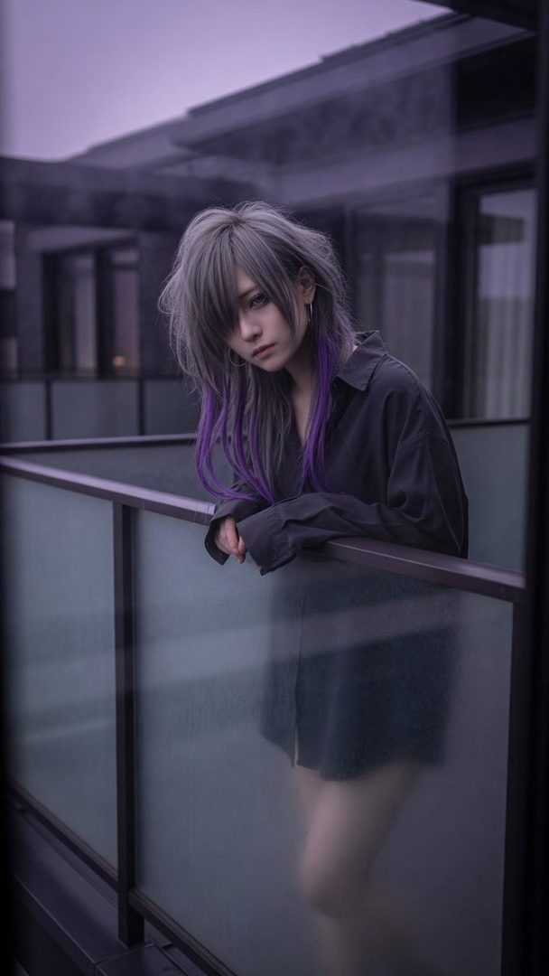 A person with silver and purple hair, wearing a dark shirt, leans on a balcony railing with a dreamy expression.