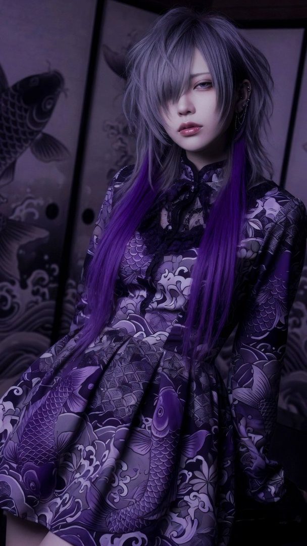 A person with long purple and grey hair wears a purple dress with a koi fish pattern, looking cool and stylish.