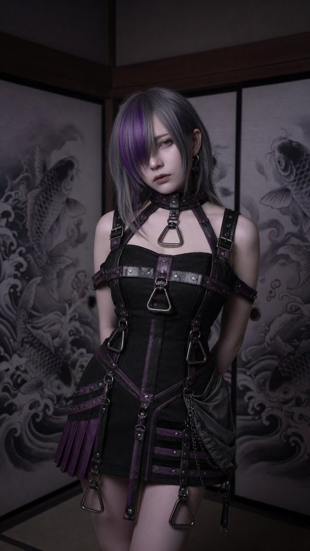 A woman with silver and purple hair wears a dark dress with straps and buckles, standing in an indoor setting with traditional Japanese screens.