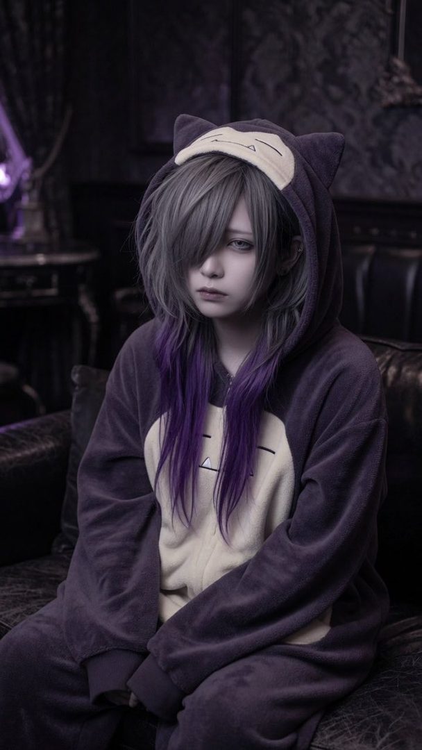A person with silver and purple hair wearing a Snorlax-themed kigurumi sits on a dark leather couch indoors.