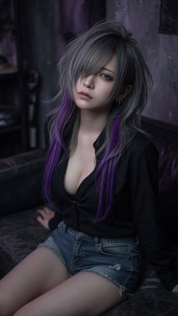A woman with long silver and purple hair, wearing a black shirt and denim shorts, sits indoors.
