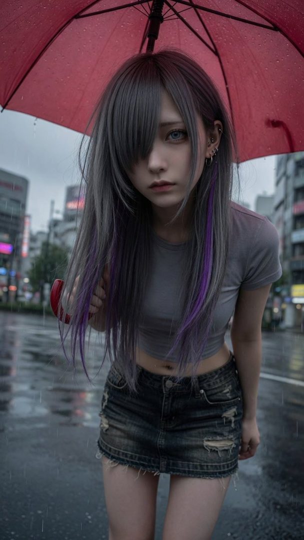 A young woman with long silver hair and purple streaks holds a red umbrella on a rainy city street.