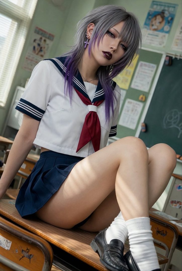 A woman with silver and purple hair wearing a Japanese school uniform sits on a desk in a classroom.
