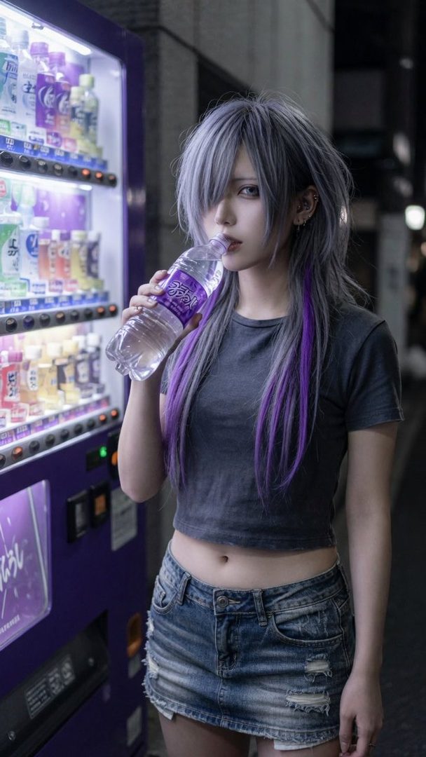 A person with silver and purple hair drinks from a water bottle next to a purple vending machine at night.