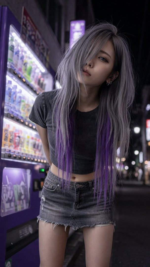 A young woman with long silver and purple hair stands in front of a vending machine at night.
