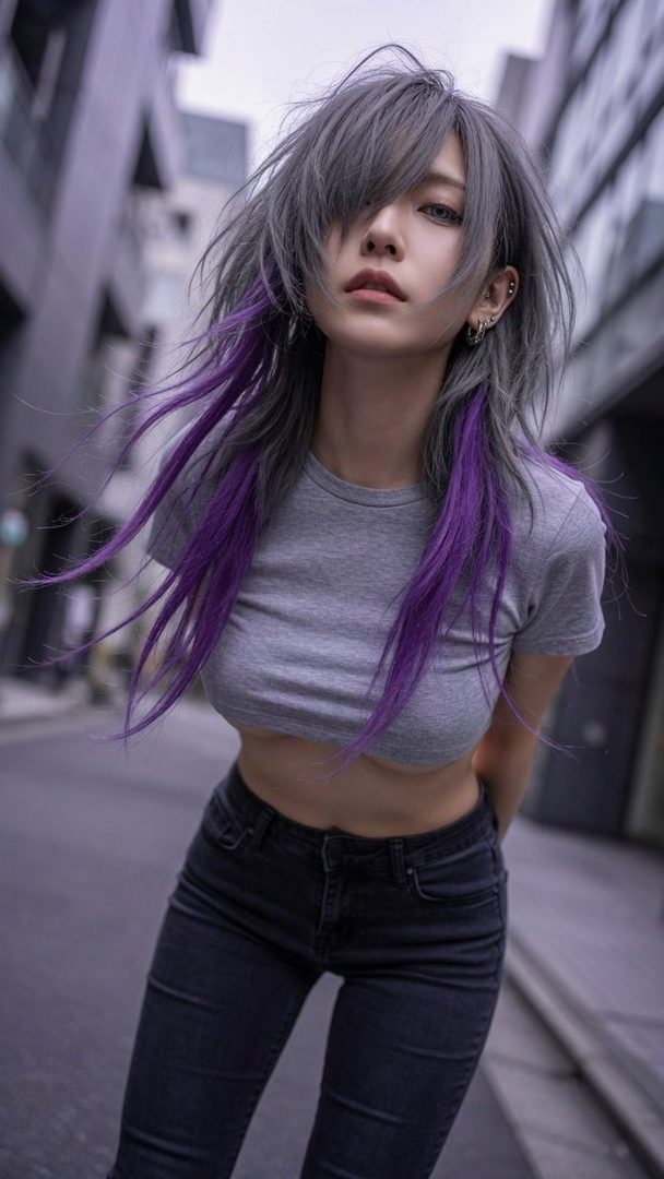 A woman with long silver and purple hair wearing a grey crop top and black jeans poses on a city street.