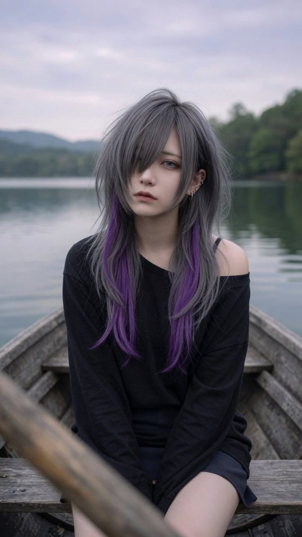 A person with long silver and purple hair sits in a wooden boat on a calm lake, looking thoughtfully at the camera.