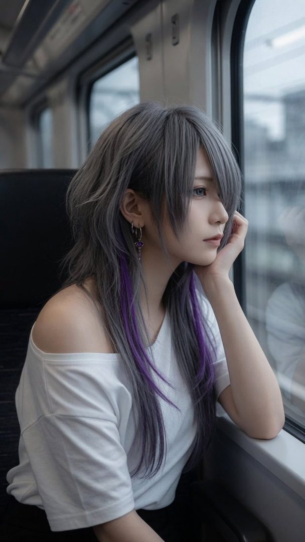 A photorealistic portrait of a person with long silver and purple hair, wearing a white off-shoulder top, looking out the window of a train.