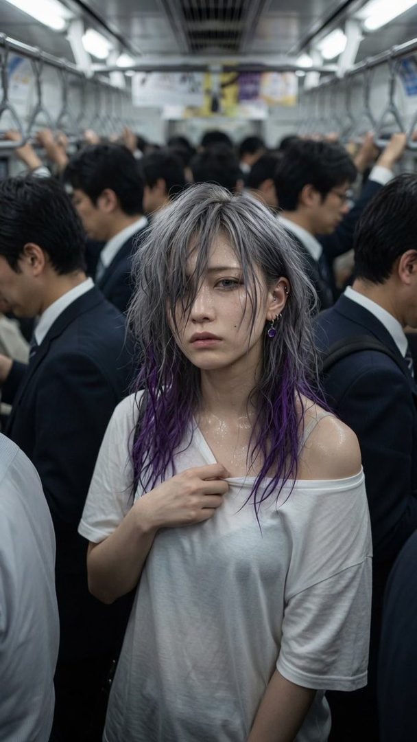 A woman with silver and purple hair, wearing a white off-shoulder top, stands in a crowded train looking tired.