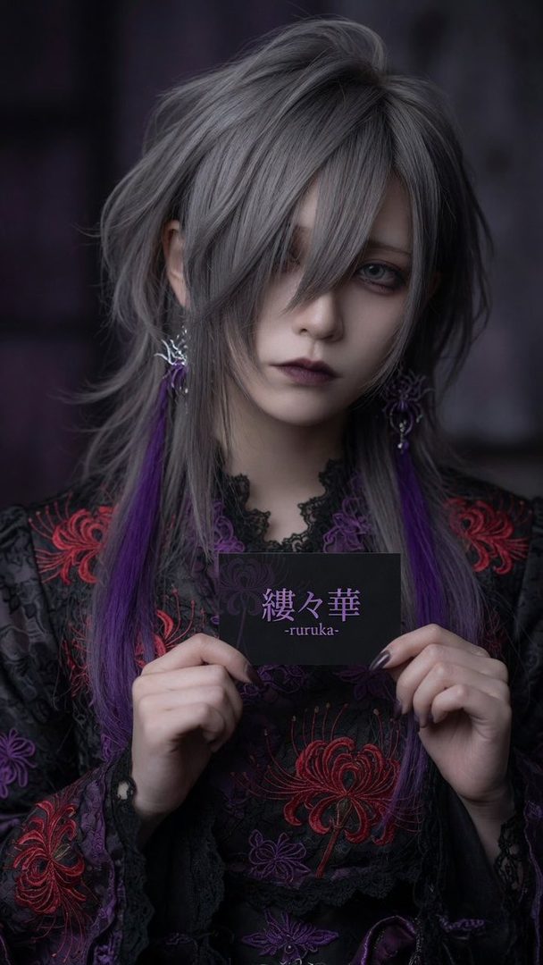 A person with long silver and purple hair, wearing a dark kimono with red and purple embroidery, holds a black card with Japanese text.