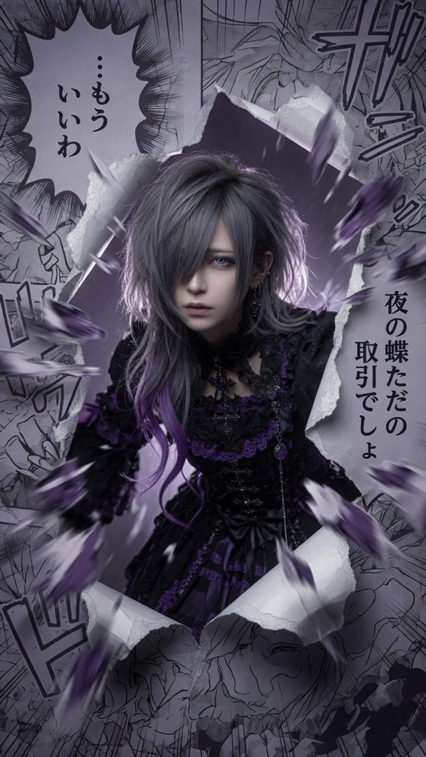 A person with silver and purple hair wearing a black gothic dress emerges from a torn manga panel.