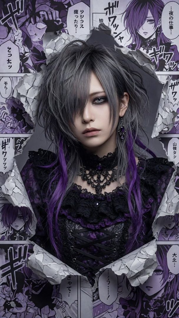 A person with silver and purple hair, wearing a black gothic dress, emerges from a torn manga panel background.