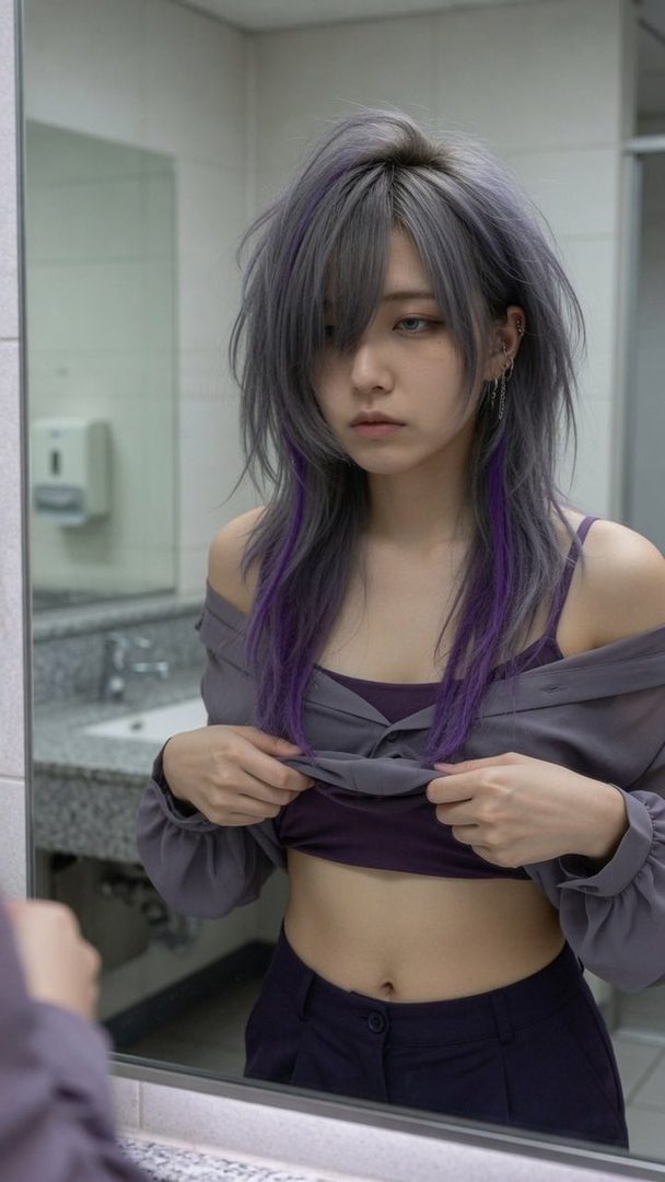 A woman with silver and purple hair looks at her reflection in a bathroom mirror, adjusting her top to reveal her midriff.