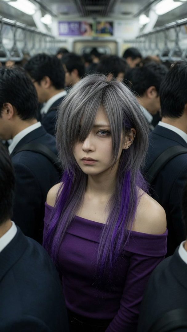 A woman with silver and purple hair stands in a crowded train.