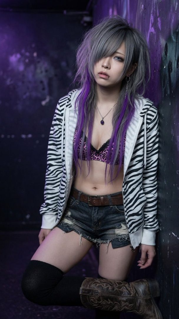 A woman with silver and purple hair, wearing a zebra-print hoodie, leopard print bra, and denim shorts, poses indoors.
