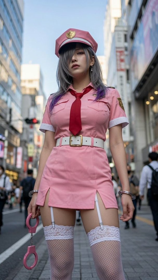 A woman in a pink police-style uniform with a red tie, white belt, and fishnet stockings, holding pink handcuffs on a city street.