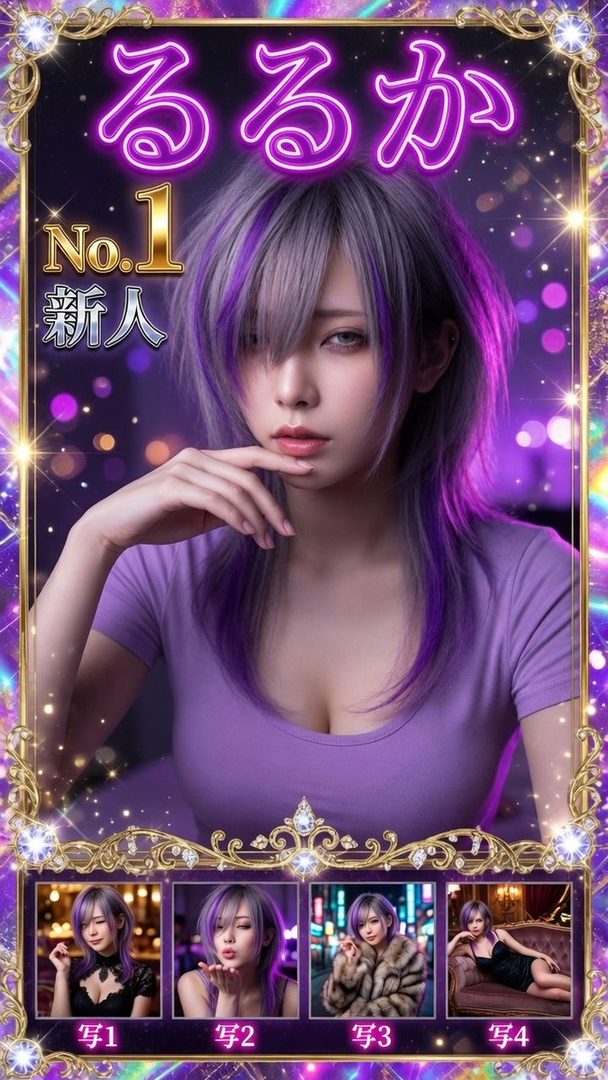 A photorealistic portrait of a woman with long purple hair wearing a purple t-shirt, set against a bokeh background with Japanese text overlays.
