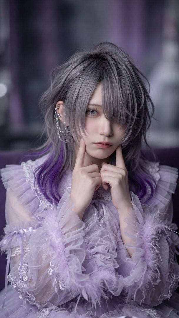 A person with silver and purple hair, wearing a frilly lavender dress, poses with fingers on their cheeks.