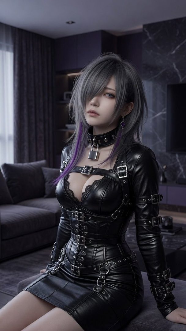 A woman with silver hair and purple streaks wears a black leather dress with buckles and a collar with a padlock, sitting indoors.
