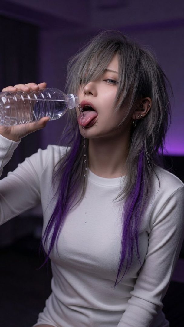 A person with silver and purple hair drinks water from a bottle, with water spilling onto their tongue and chin.
