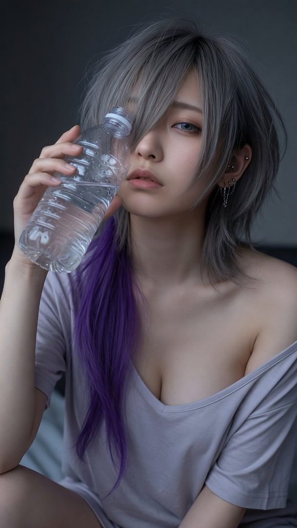 A woman with silver and purple hair holds a water bottle to her face, wearing an off-the-shoulder grey t-shirt.