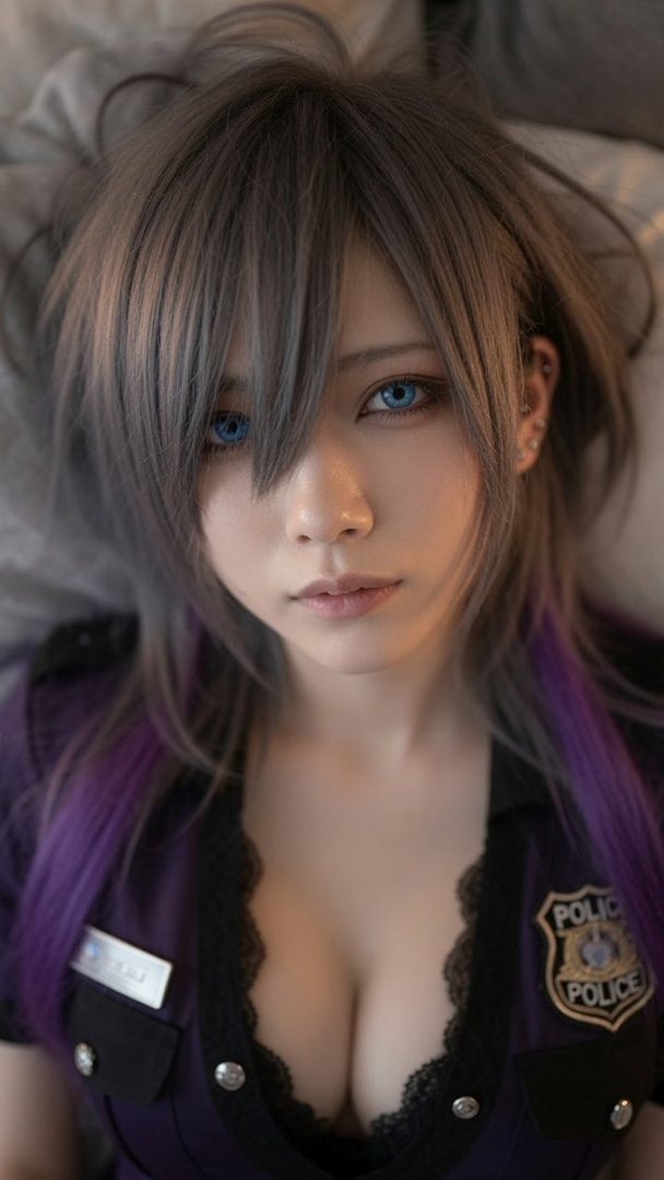 A photorealistic portrait of a woman with silver and purple hair, wearing a police-style top, looking directly at the viewer.