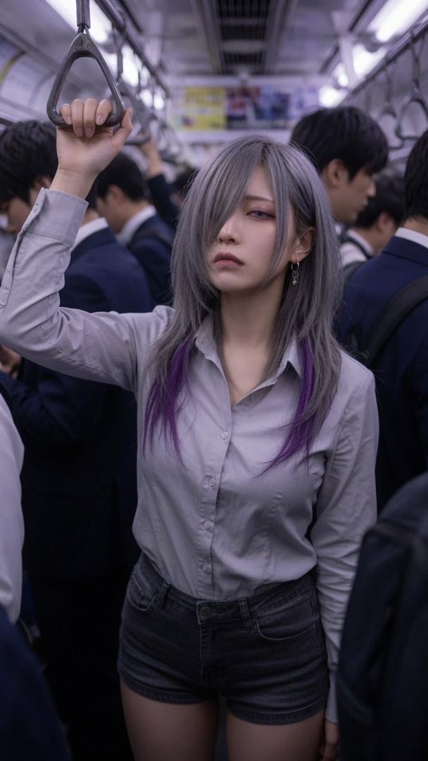 A woman with silver and purple hair stands in a crowded train, holding onto a hand strap.