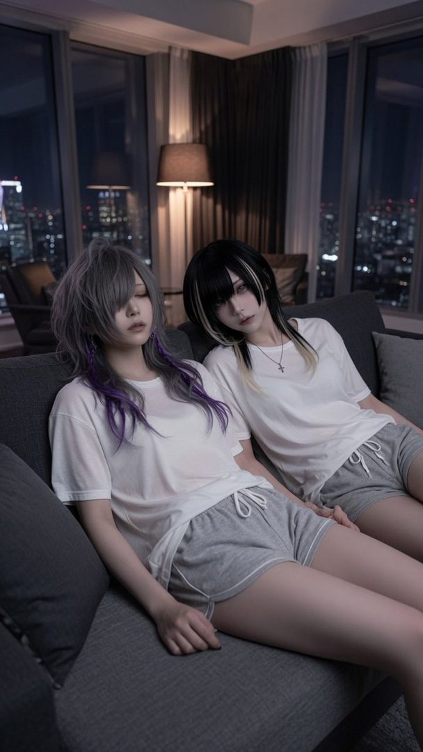 Two young women with unique hairstyles are sitting on a couch in a modern apartment at night, with city lights visible outside the window.
