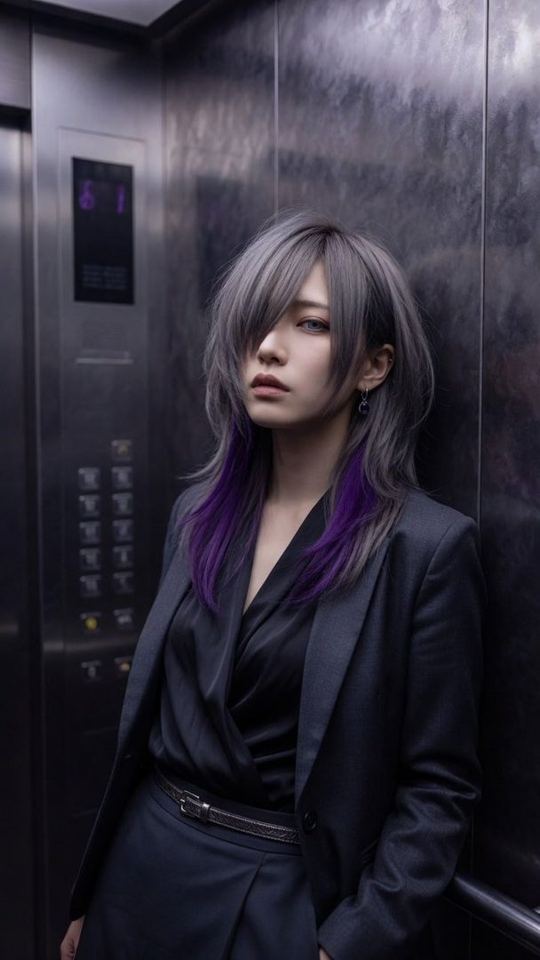 A woman with silver and purple hair wearing a dark suit stands in an elevator.
