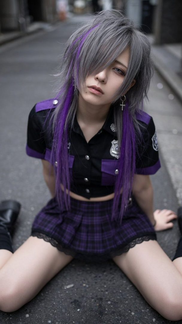 A person with silver and purple hair, wearing a cropped police-style top and a plaid skirt, sits on an asphalt street.