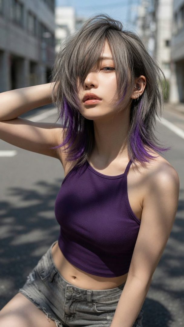 A woman with silver and purple short hair poses on a city street in a purple halter top and denim shorts.