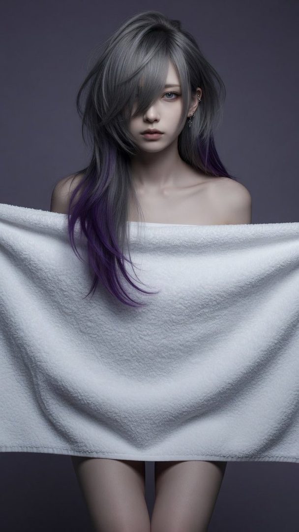 A photorealistic portrait of a woman with long silver and purple hair, partially covered by a white towel.