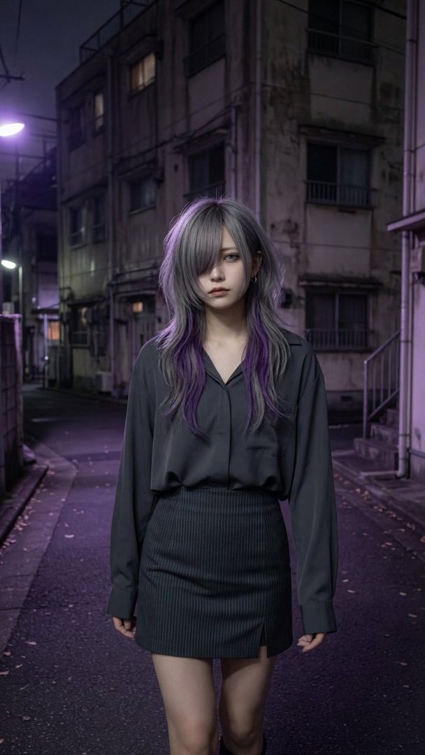 A woman with silver and purple hair stands on a dark street at night, wearing a dark shirt and skirt.