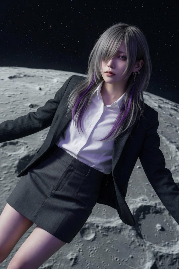 A person with long silver and purple hair, wearing a suit jacket and skirt, appears to be floating above a moon-like surface with stars in the background.