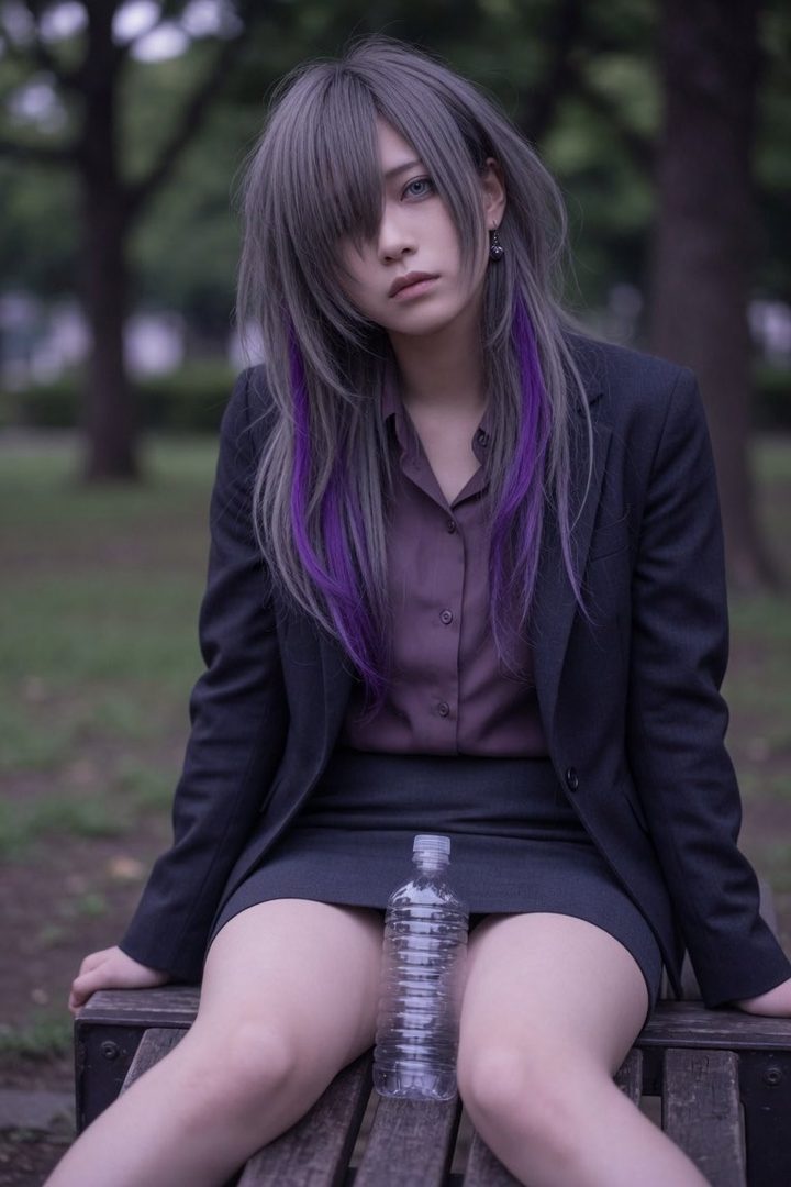 A person with long silver and purple hair, wearing a suit jacket and skirt, sits on a park bench with a water bottle.