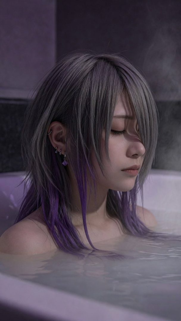 A person with silver and purple hair is shown from the chest up, relaxing in a bathtub with their eyes closed.