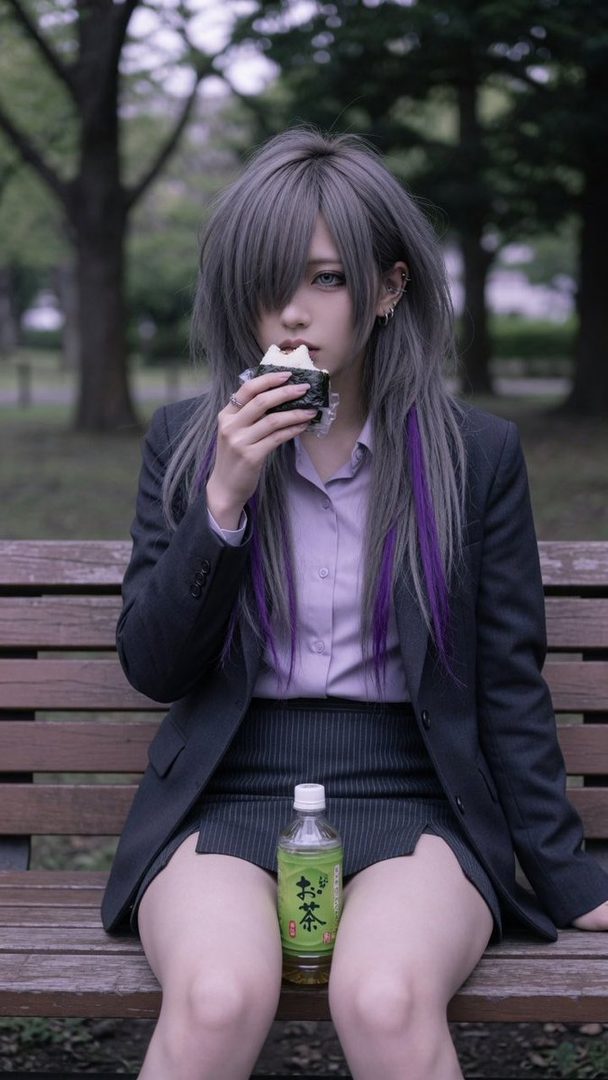 A person with long silver hair and purple streaks, wearing a suit jacket and skirt, sits on a park bench eating an onigiri with a bottle of green tea beside them.