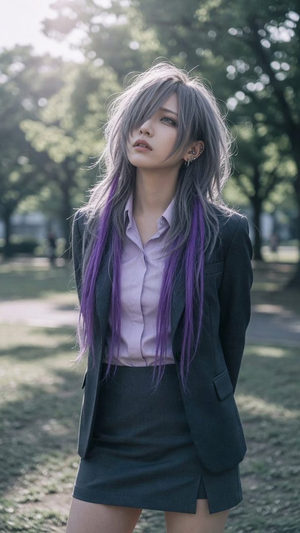 A woman with long silver and purple hair, wearing a suit jacket and skirt, stands outdoors in a park.