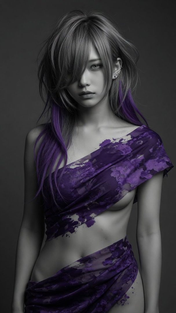 A photorealistic portrait of a woman with long purple hair and a purple draped outfit, looking directly at the viewer.